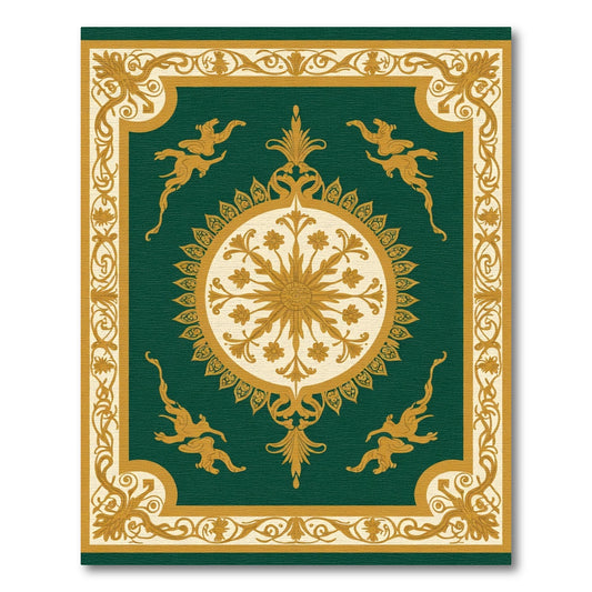 Ornate Gold Griffin Emerald Medallion Rug