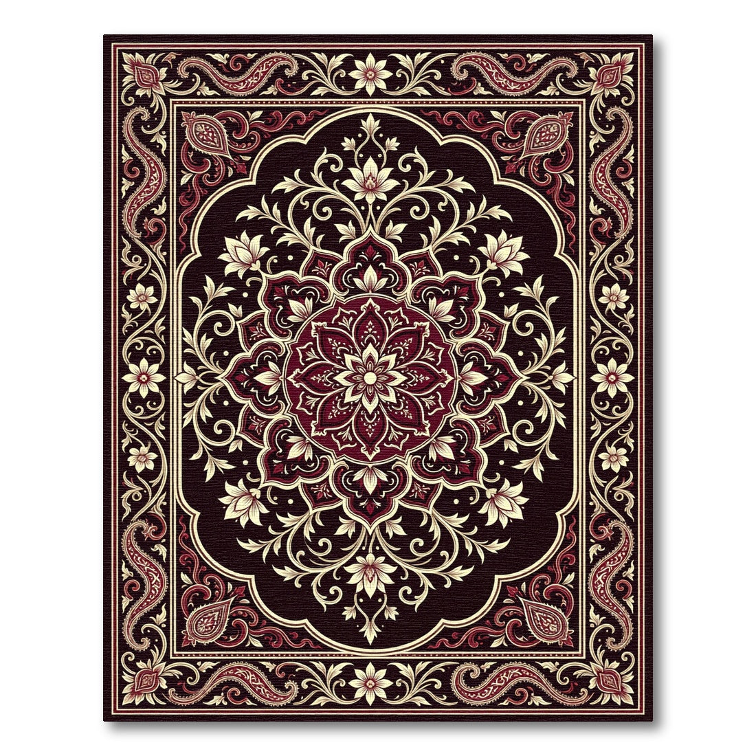 Ornate Burgundy Cream Floral Medallion Rug