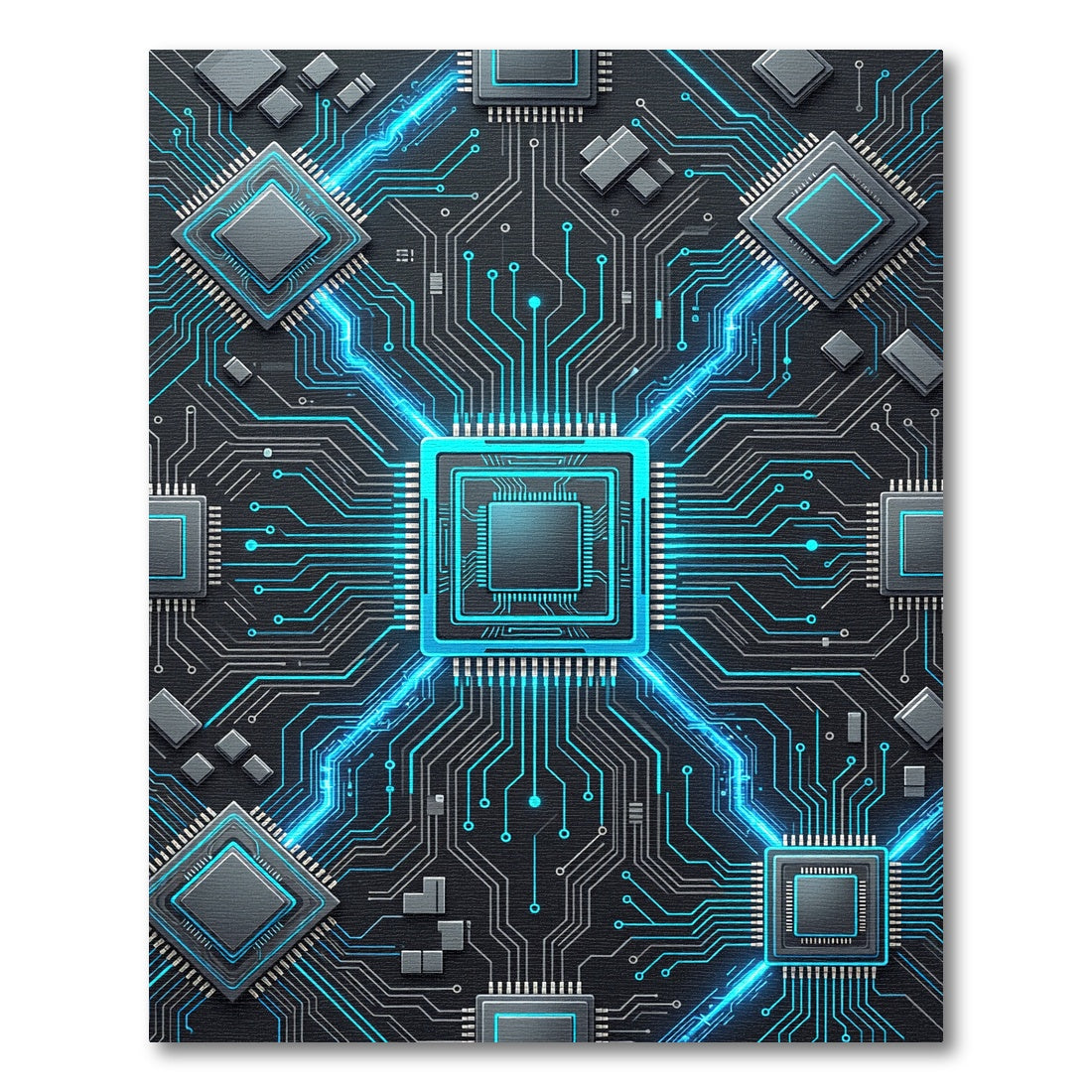 Cybernetic Blue Neon Circuit Grid Rug