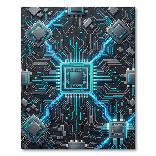 Cybernetic Blue Neon Circuit Grid Rug