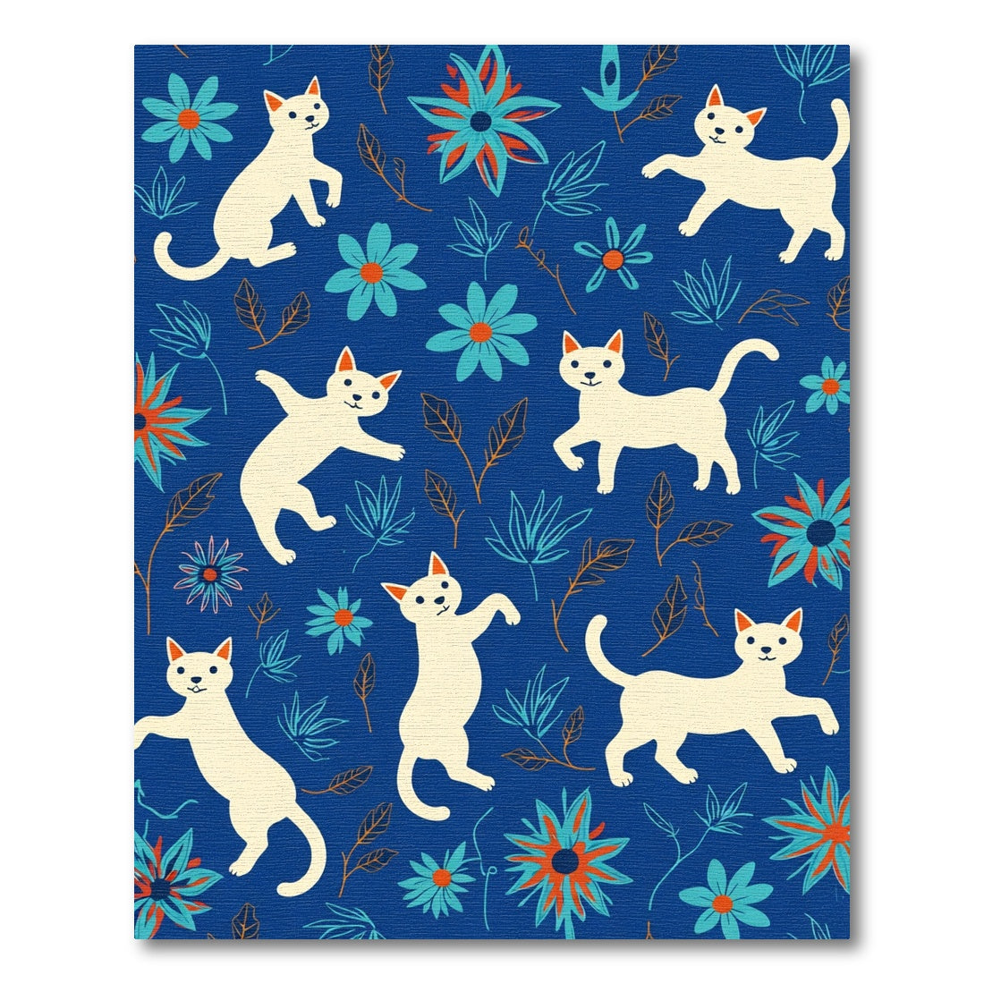 Whimsical White Cats Floral Blue Rug