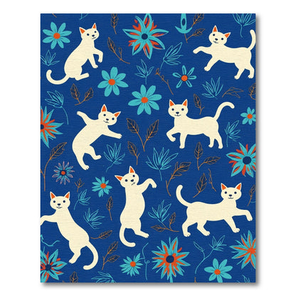 Whimsical White Cats Floral Blue Rug