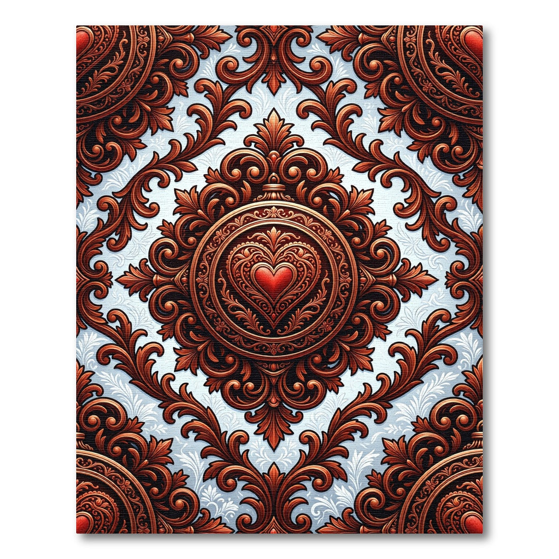 Ornate Crimson Heart Damask Medallion Rug