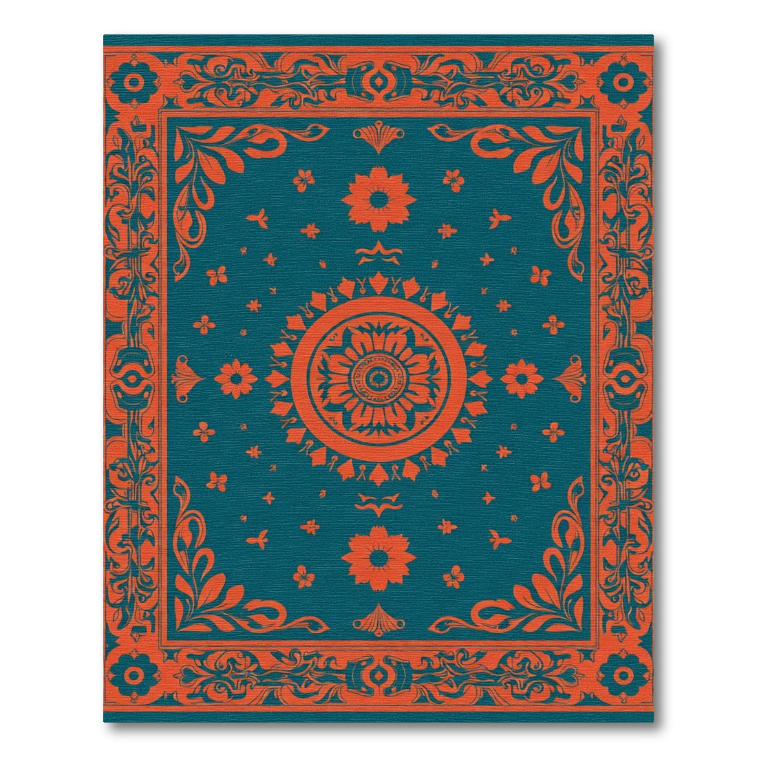 Teal Orange Medallion Floral Border Rug