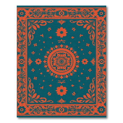 Teal Orange Medallion Floral Border Rug
