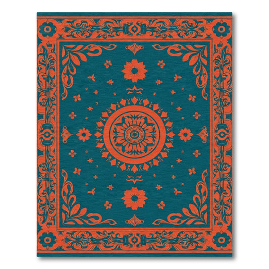 Teal Orange Medallion Floral Border Rug