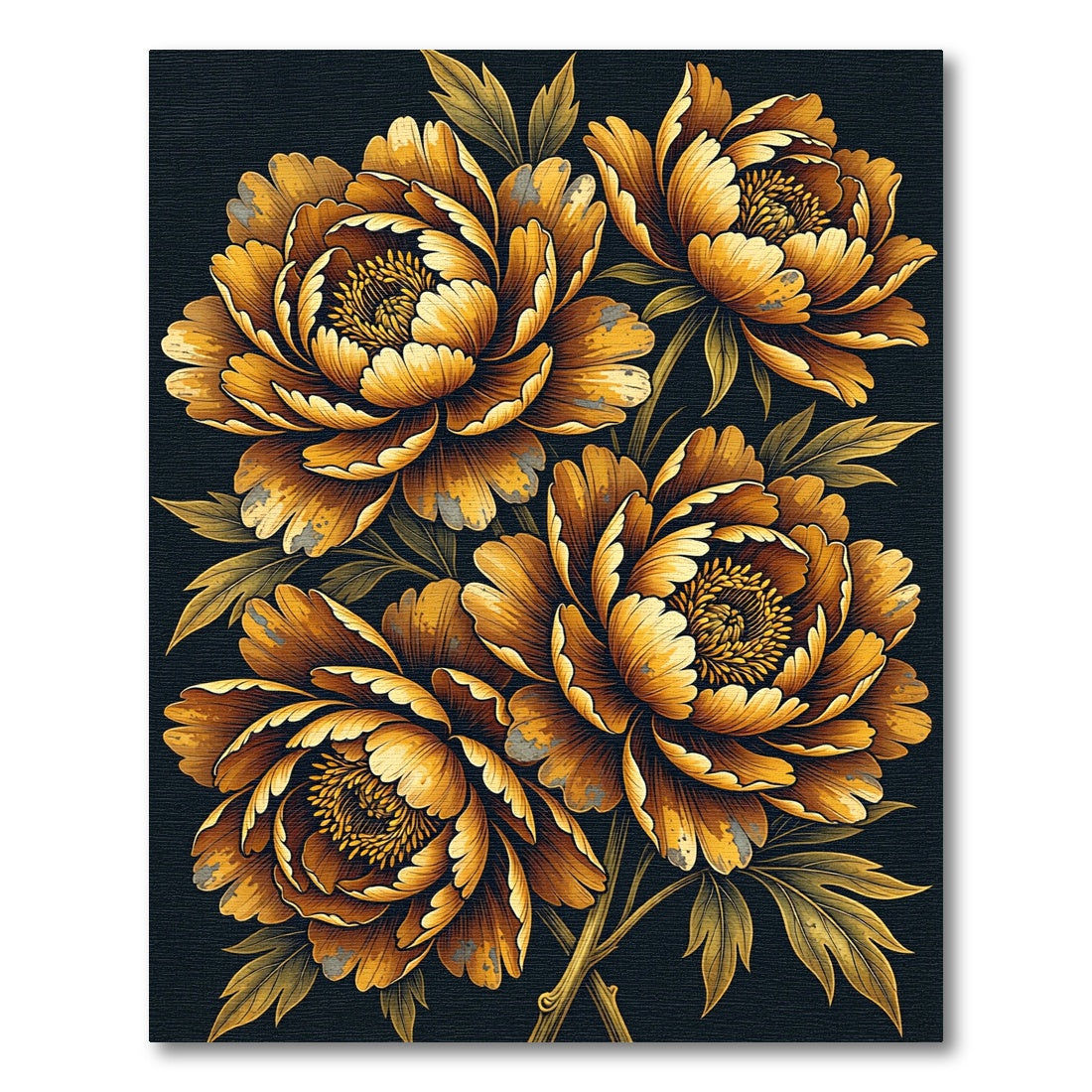 Golden Peony Floral Black Art Rug