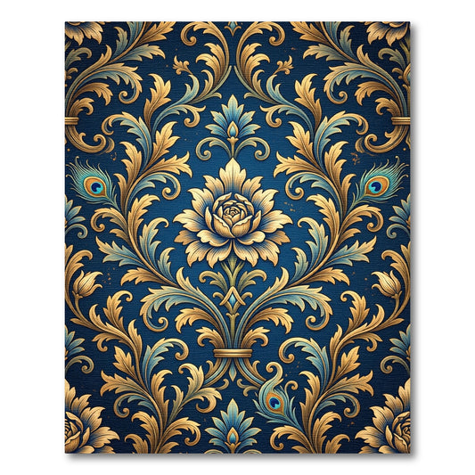 Elegant Golden Peacock Damask Navy Rug
