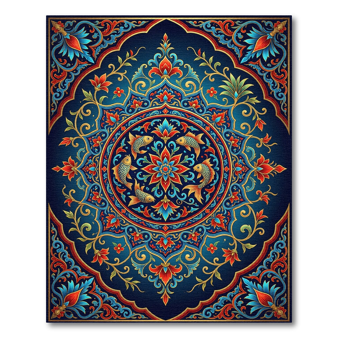Exquisite Cobalt Floral Medallion Goldfish Art Rug