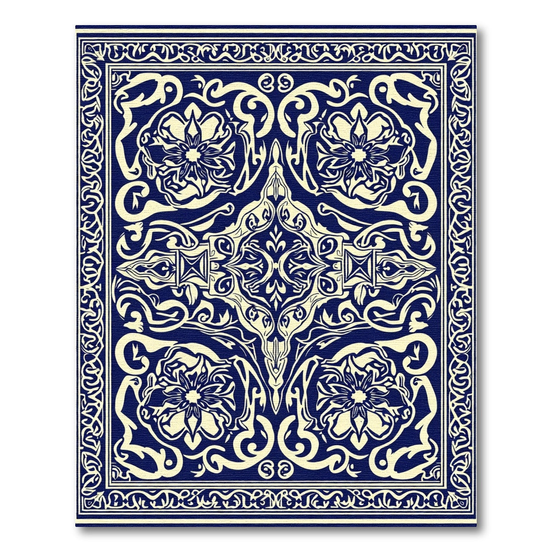 Navy Cream Elaborate Floral Scroll Rug