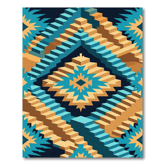 Isometric Teal and Gold Geo Staircase Rug