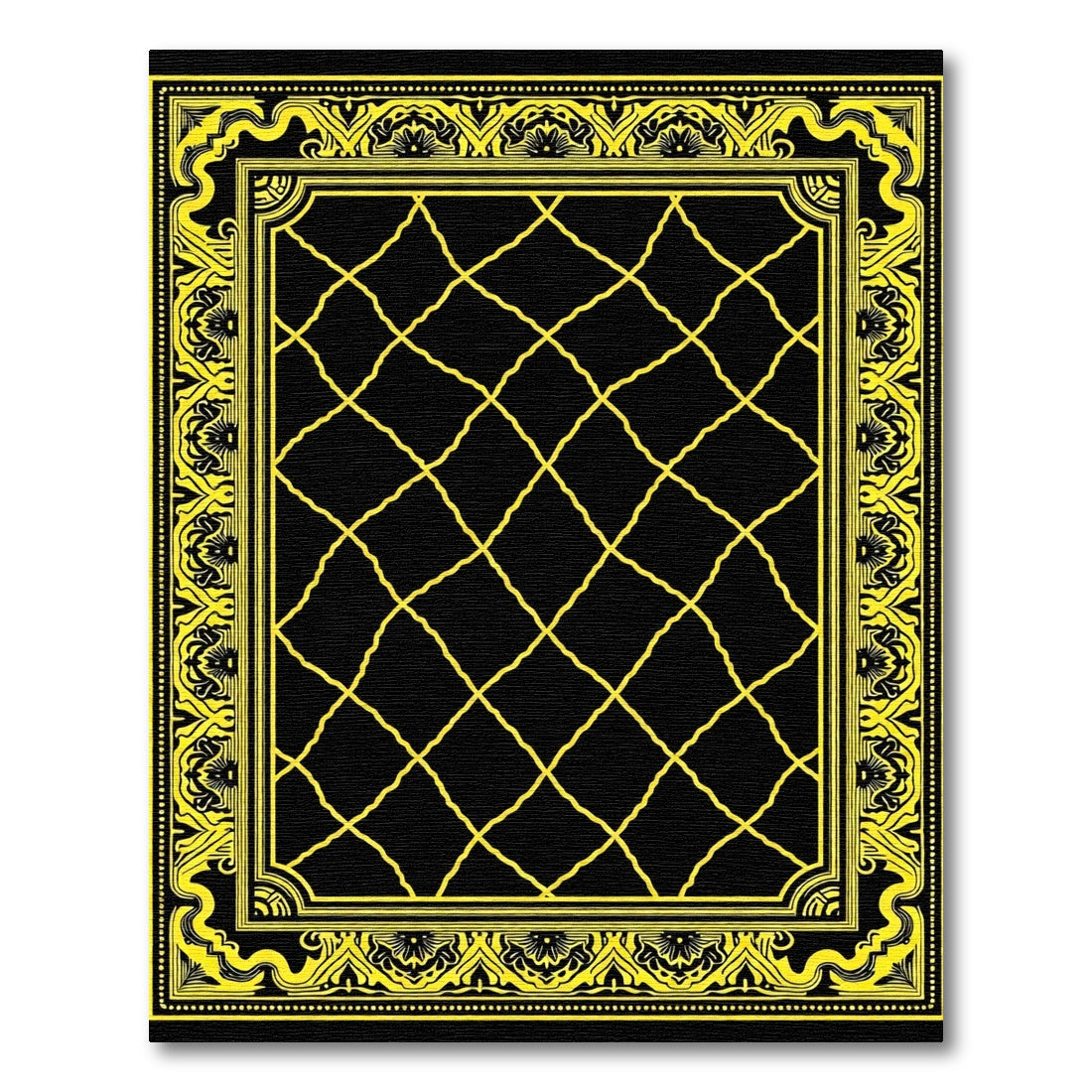 Black Yellow Ornate Lattice Border Rug