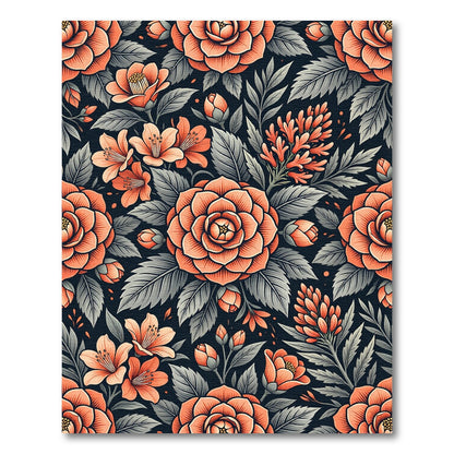 Coral Camellia Botanical Dark Floral Rug