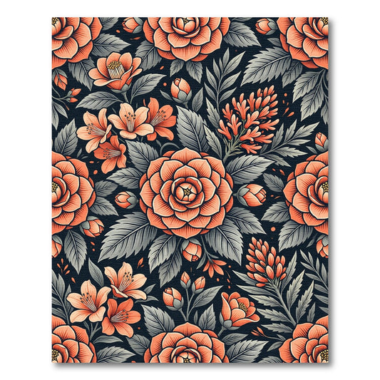 Coral Camellia Botanical Dark Floral Rug