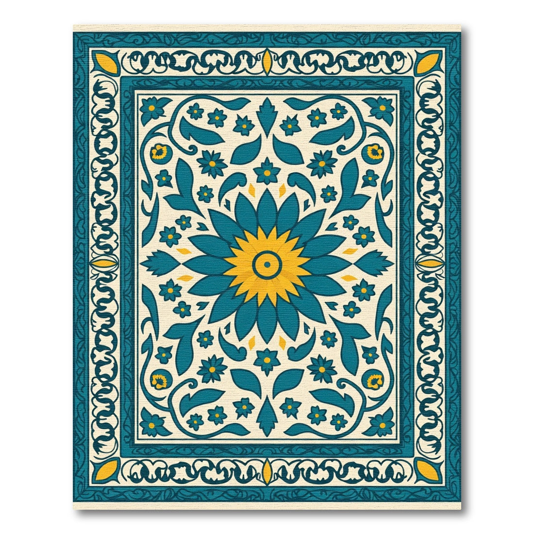 Teal Yellow Floral Medallion Border Rug