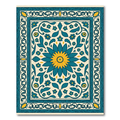 Teal Yellow Floral Medallion Border Rug