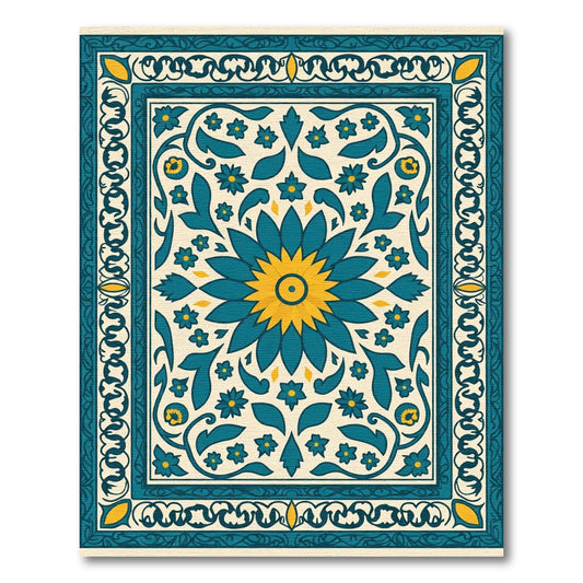 Teal Yellow Floral Medallion Border Rug