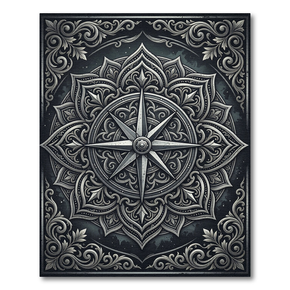 Ornate Silver Elemental Compass Medallion Rug