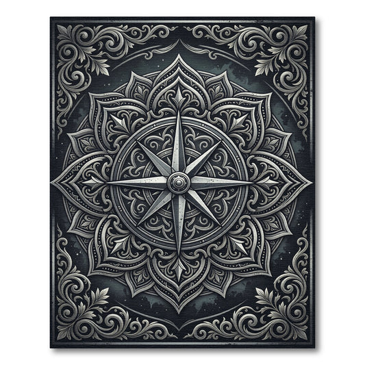 Ornate Silver Elemental Compass Medallion Rug