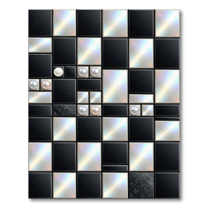 Modern Metallic Black and Silver Grid Rug