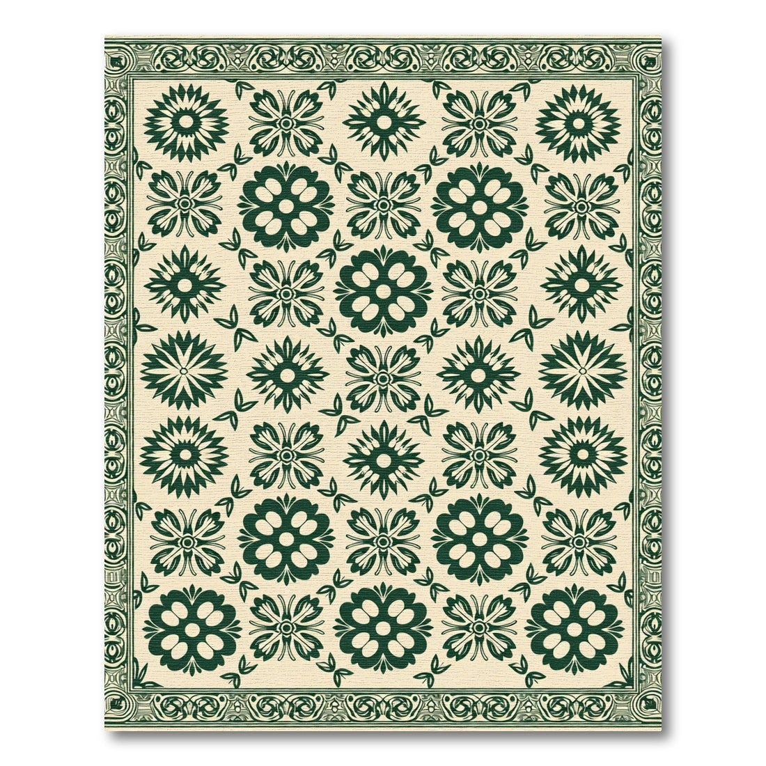 Dark Green Floral Garden Repeating Design Rug