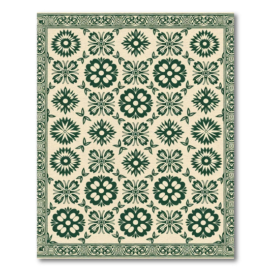 Dark Green Floral Garden Repeating Design Rug