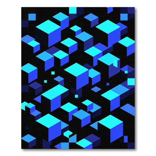 Electric Blue Geometric Floating Cubes Abstract Rug