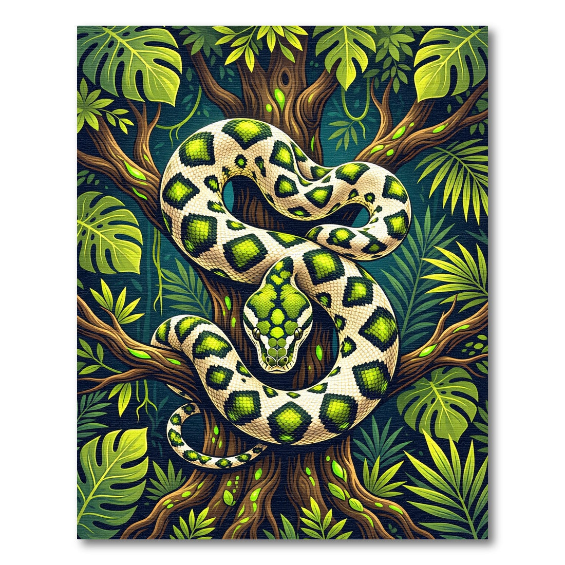 Vibrant Green Snake Jungle Scene Rug