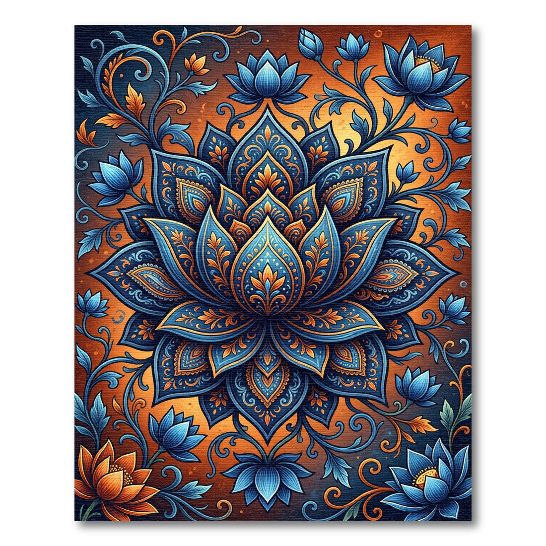 Intricate Blue Orange Lotus Mandala Rug