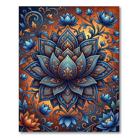 Intricate Blue Orange Lotus Mandala Rug