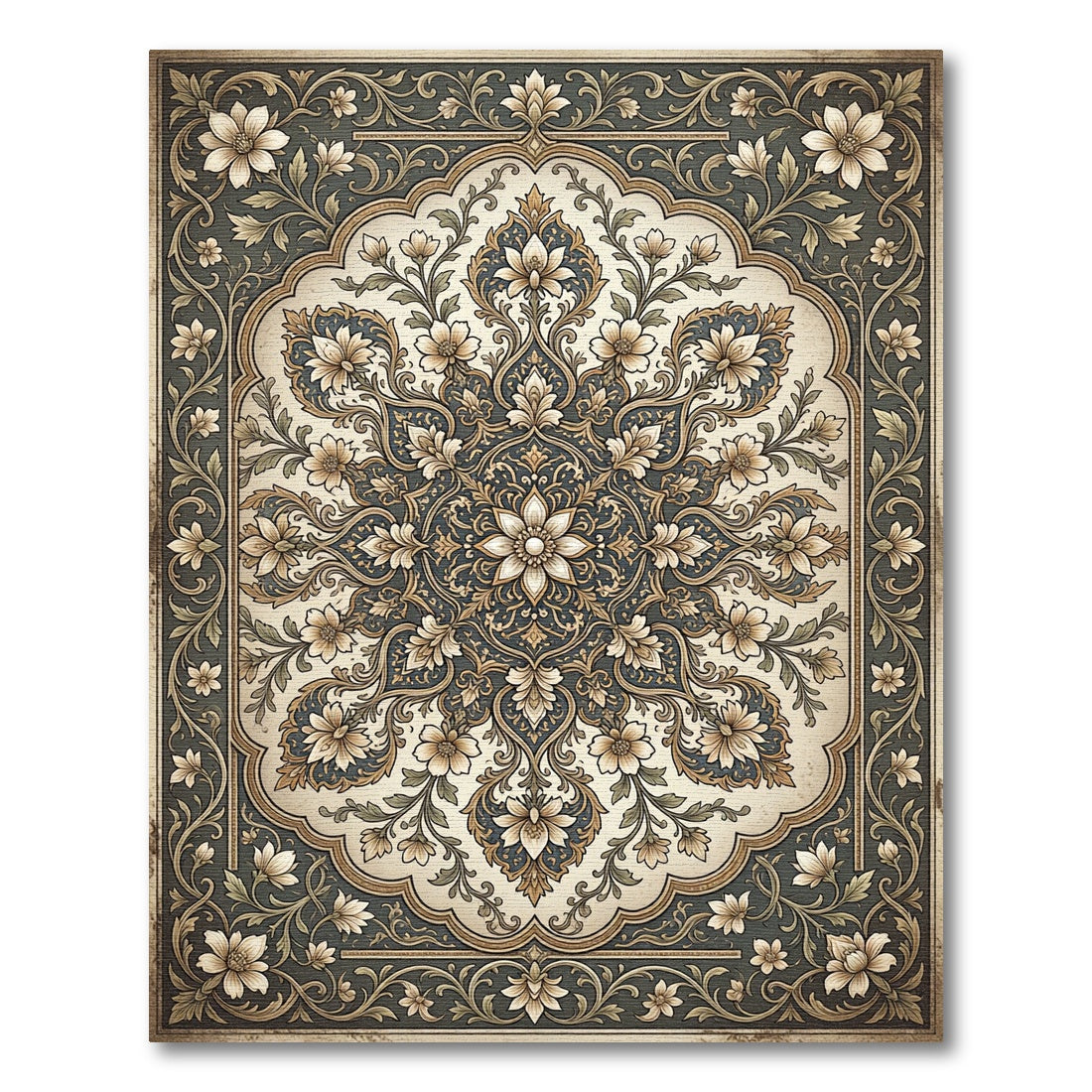 Antique Floral Medallion Dark Green Rug