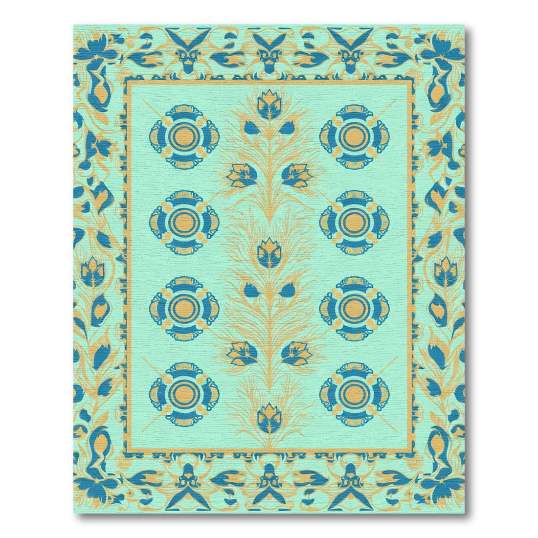Aqua Blue Yellow Ornamental Blossom Rug