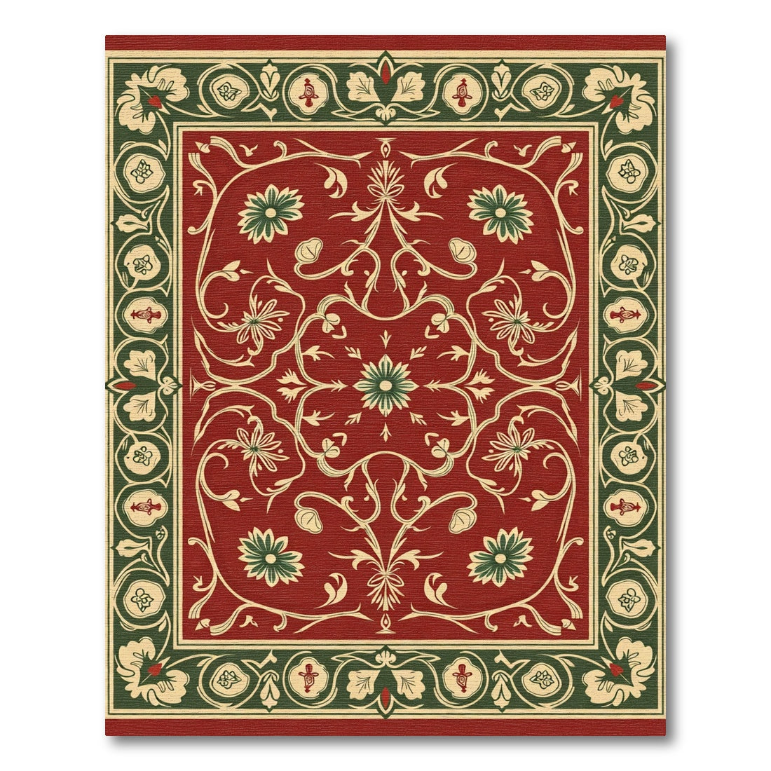 Vibrant Red Floral Scroll Border Rug