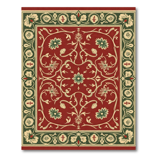 Vibrant Red Floral Scroll Border Rug