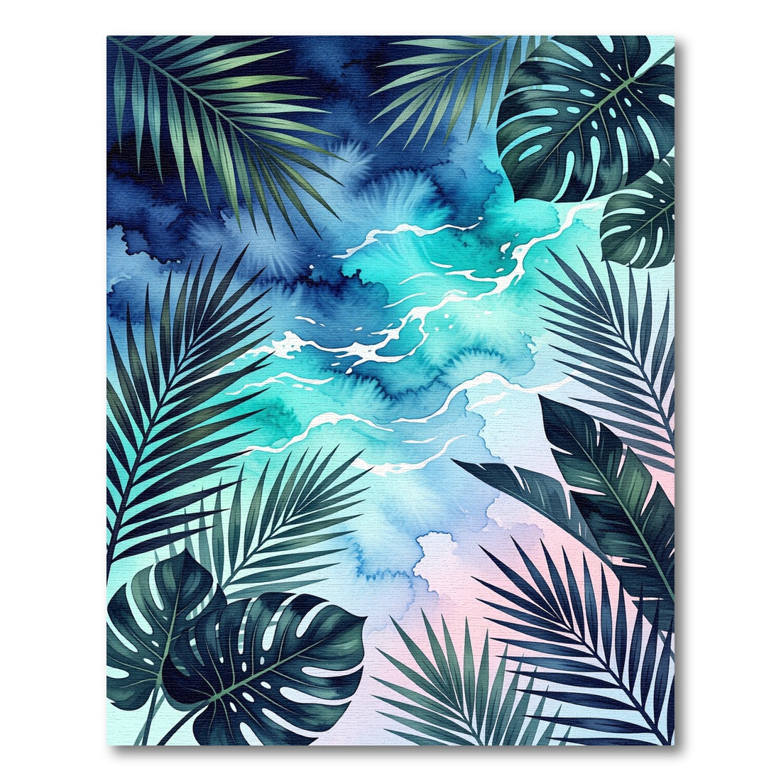 Tropical Blue Watercolor Leaf Embrace Rug