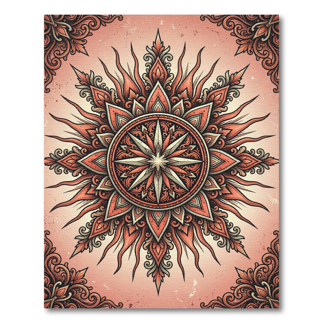 Ornate Coral Sunburst Radiant Mandala Rug