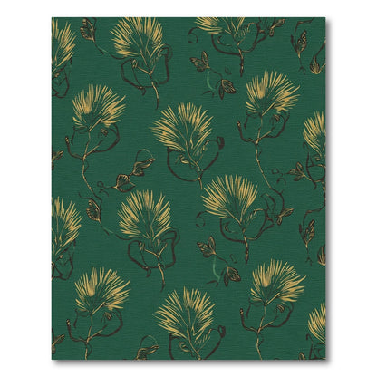 Golden Feathery Botanicals on Teal Rug
