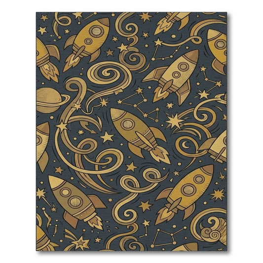 Cosmic Golden Rockets Swirling Stars Rug