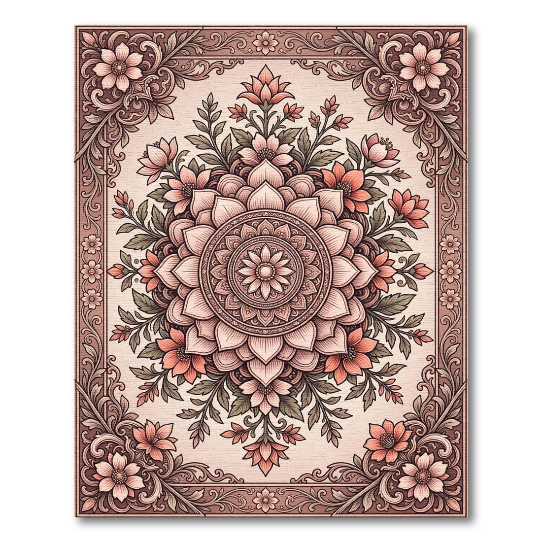 Elegant Blush Floral Mandala Art Rug