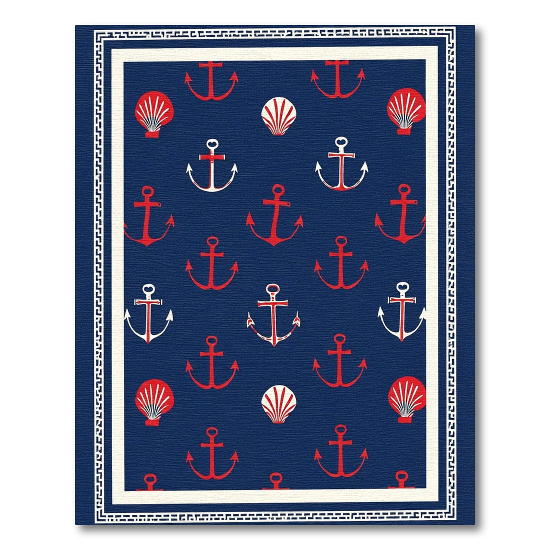 Navy Red Anchor Shell Pattern Rug