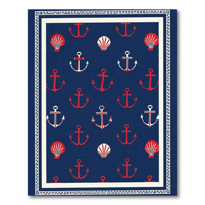 Navy Red Anchor Shell Pattern Rug