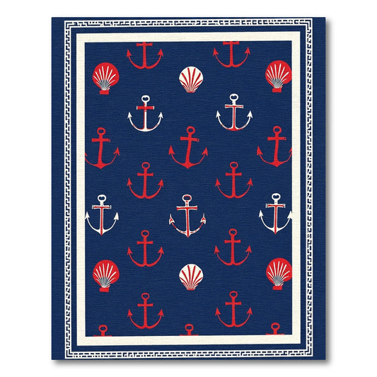 Navy Red Anchor Shell Pattern Rug