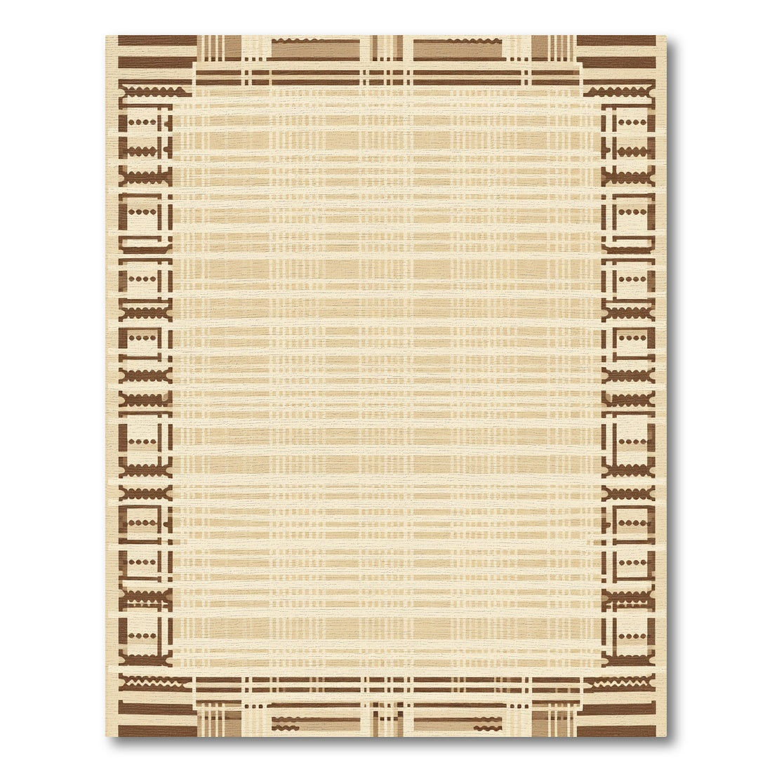 Neutral Tan Plaid Geometric Border Rug