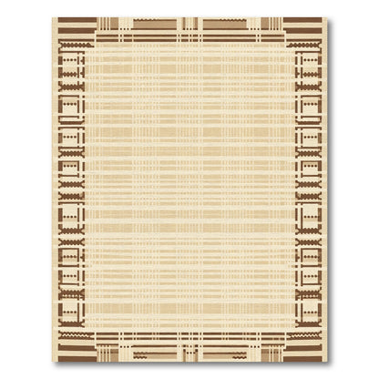 Neutral Tan Plaid Geometric Border Rug