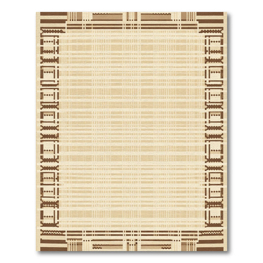 Neutral Tan Plaid Geometric Border Rug