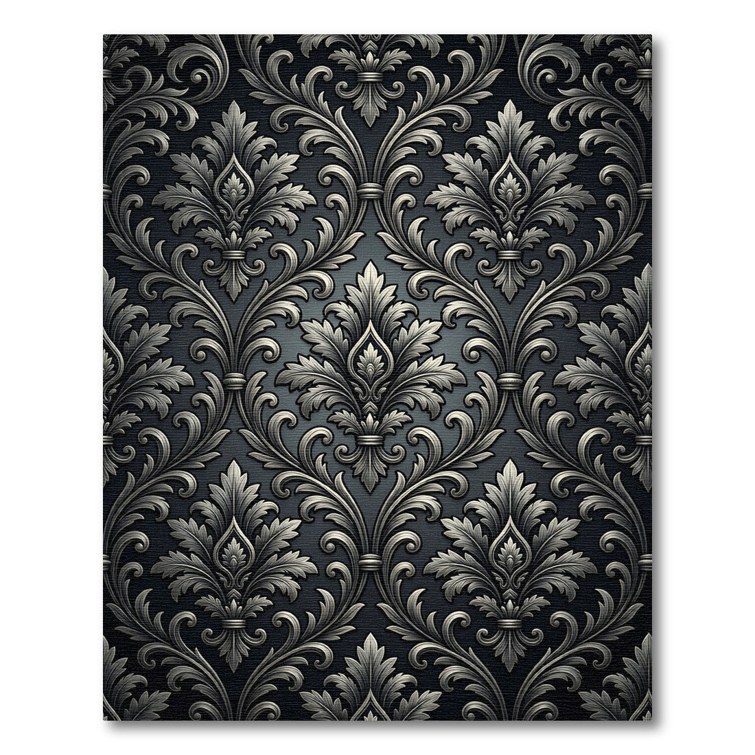 Ornate Black Silver Acanthus Damask Rug
