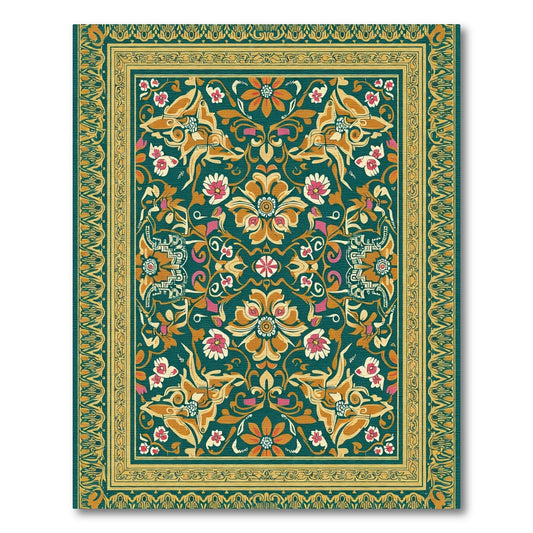 Teal Floral Medallion Border Rug