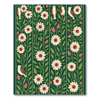 Deep Green Floral Bird Stripe Rug