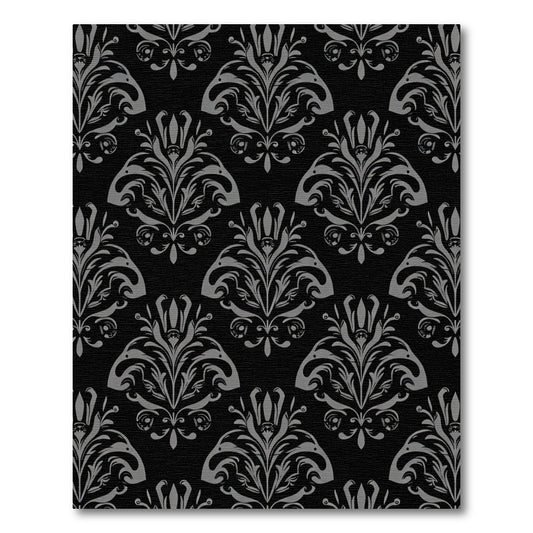 Black Silver Damask Floral Scroll Rug