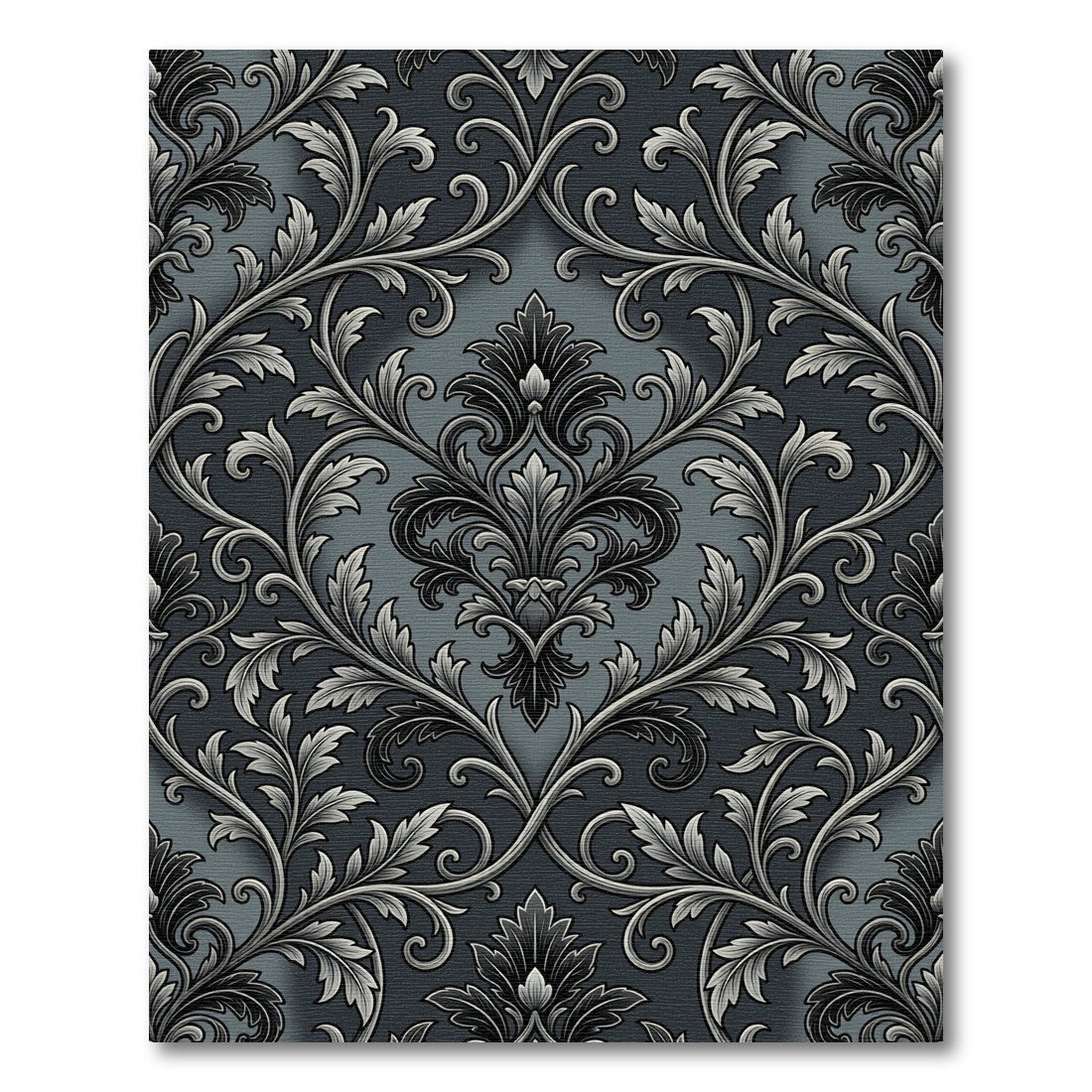 Ornate Black Silver Damask Scroll Rug